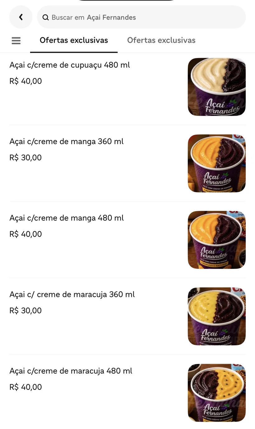 Catálogo do Açaí Fernandes depois da reformulação visual