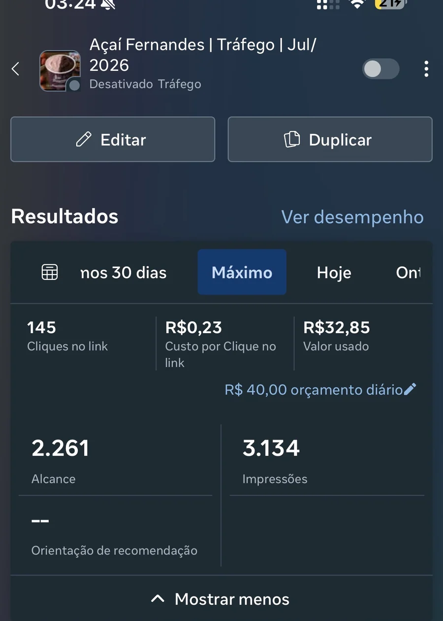 Painel de campanha do Açaí Fernandes mostrando 145 cliques no link, custo por clique de R$ 0,23, alcance de 2.261 pessoas e investimento de R$ 32,85